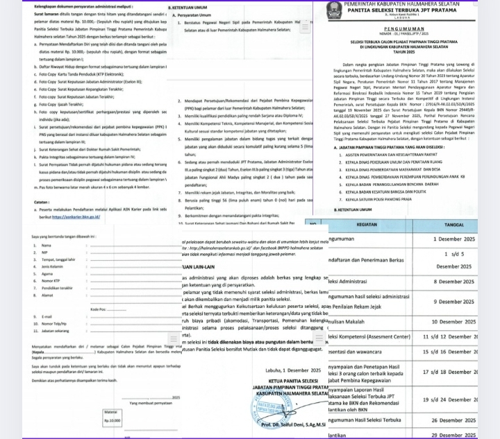 Surat pengumuman seleksi terbuka calon pejabat pimpinan tinggi Pratama dilingkungan Kabupaten Halmahera Selatan Tahun 2025. (Dok//Panselter).