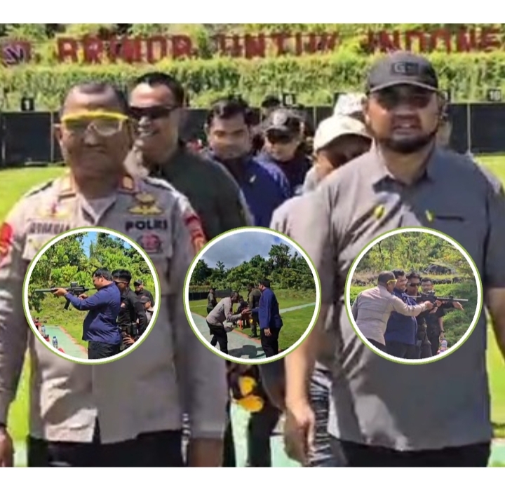 Anggota DPR RI Dapil Malut, Izzuddin Alqassam Kasuba, bersama Bupati Halsel, Hasan Ali Bassam Kasuba saat menggelar latihan menembak. (Istimewa).