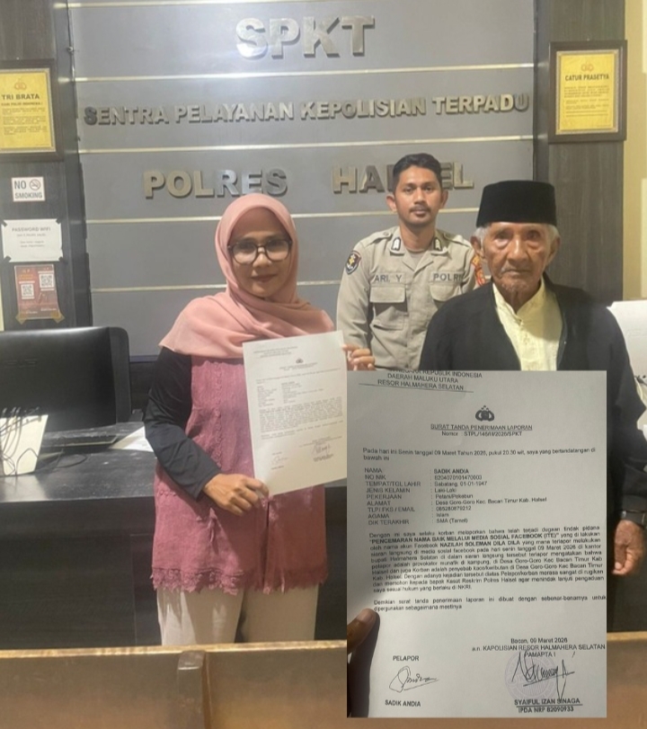 SA didampingi anaknya saat melaporkan akun Facebook NAZILAH SOLEMAN DILA DILA Ke SPKT Polres Halmahera Selatan.